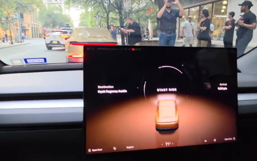 StevenXGe's tweet photo. Is this the future? 

Two Cybercabs behind a Waymo yesterday in Austin, TX. 

Screenshot from TSLA99T's YouTube video. https://t.co/4sdcE6Pc1s