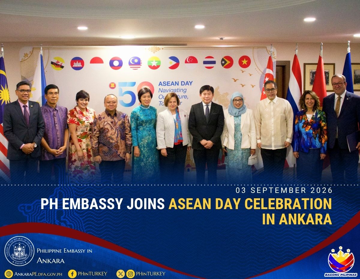 PHinTurkey's tweet photo. The Philippine Embassy in Ankara joined the ASEAN Ankara Committee in celebrating ASEAN’s 59th Anniversary. As ASEAN Chair for 2026, the Philippines shared Filipino music and food, including songs by BINI, Smokey Mountain, and Ryan Cayabyab, beef kare-kare and turon. #PHinTürkiye https://t.co/giJW19TjAy