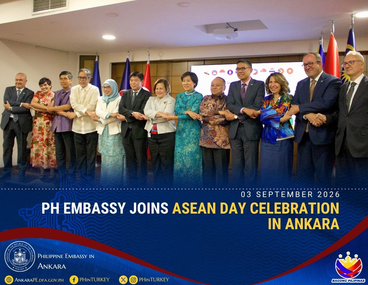 PHinTurkey's tweet photo. The Philippine Embassy in Ankara joined the ASEAN Ankara Committee in celebrating ASEAN’s 59th Anniversary. As ASEAN Chair for 2026, the Philippines shared Filipino music and food, including songs by BINI, Smokey Mountain, and Ryan Cayabyab, beef kare-kare and turon. #PHinTürkiye https://t.co/giJW19TjAy