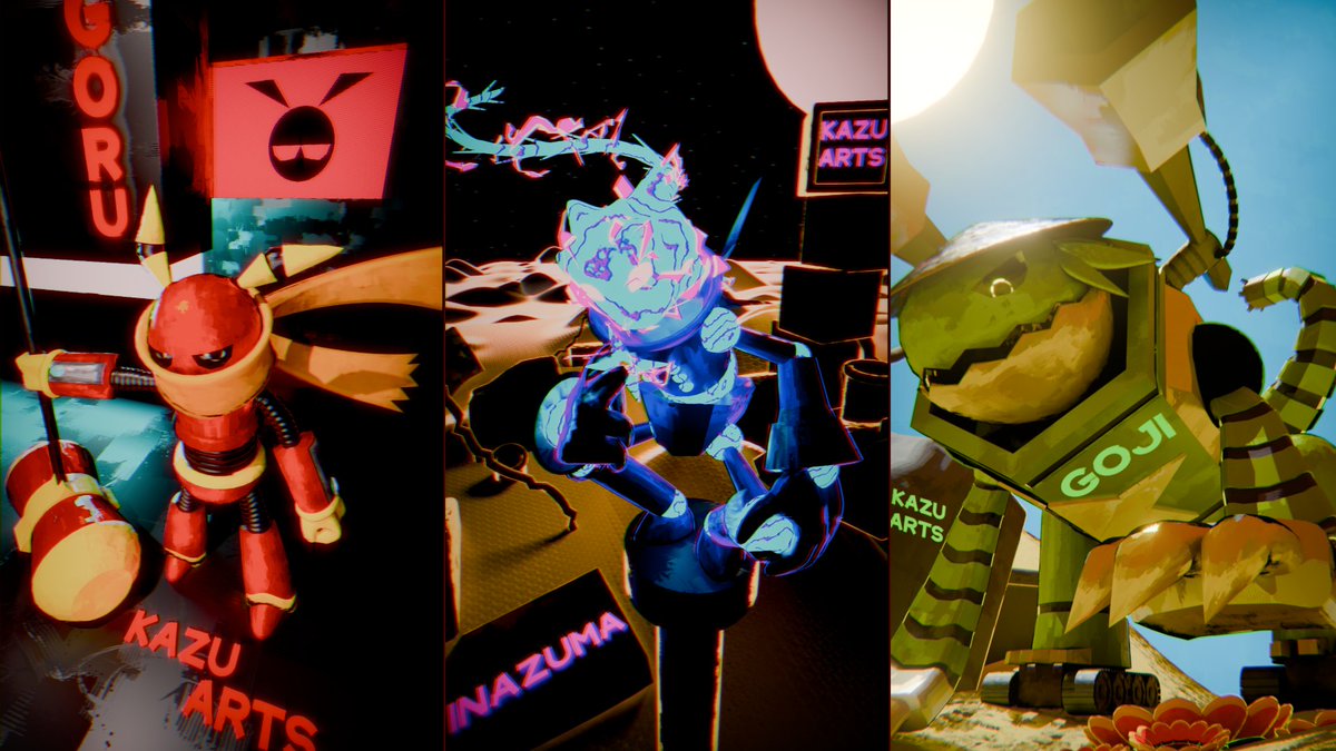 KazuArts_'s tweet photo. Finally, I have some super cool wallpapers for each one of my Robot Trio!

Which one is your favorite?

#Blender #b3d #Goru #Inazuma #Goji https://t.co/KmwQm4Fbau