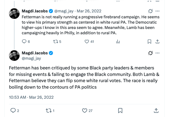 magi_jay's tweet photo. I'm not going to directly compare "Black jogger" to the Platner stuff, though I'll judge both as generally "red flags."

I believe it is possibly/probably true that the stroke had an effect on Fetterman.  

It is also true, however, that there is quite a bit of continuity in Fetterman's approach to politics/ideology pre-/post stroke. 

For example, he was repeatedly called out by Black leaders for not showing up in 2022. His campaign also felt imbued with white grievance. Some of us pointed out that the internet narratives about him were false.