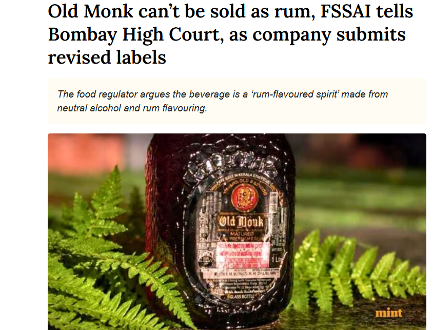 Normal_2610's tweet photo. FSSAI told Bombay High Court that Old Monk cannot be sold as rum 

Lab tests found it is made from neutral spirit with rum flavoring added on top. Matured rum spirit was less than 5% of blend, while label said 7 Years Old Blended. FSSAI says if you start with tasteless ethanol and add flavoring to mimic rum, you are selling flavored spirit, not rum. 

Company loses Rs 1 Cr per day since ban. Diageo agreed to change labels on its brands, Old Monk is contesting in court.

This is not just Old Monk. FSSAI banned 10 variants across 3 makers. McDowell No.1 Rum, Antiquity Blue Whisky, Royal Challenge Whisky, Bagpiper Deluxe all got caught using artificial flavoring to mimic taste of real spirits. 

India drinks over 440mn 9-liter cases per year. Most of it starts as ENA, which is cheap, colorless, 96% pure ethanol. Entire mass-market IMFL segment depends on it. FSSAI now says sell it if you want, but call it what it is - Flavored spirit, not rum or whisky

Most Indian whisky sold at mass market level is made from sugarcane molasses, not grain that technically makes it rum by international definition. 

India is biggest whisky market by volume on Earth, yet most of what sells as whisky here cannot legally be called whisky in Europe or US. Premiumization is slowly changing this. 

Amrut and Rampur use grain-based distilling and win global recognition But they serve high end only. For mass IMFL brands built on cheap neutral alcohol and flavoring shortcuts, FSSAI ruling forces expensive choices. 

Reformulate or relabel :(

someone didn't like it and take it personal  😉😉

https://t.co/uFx9Z3O2PO