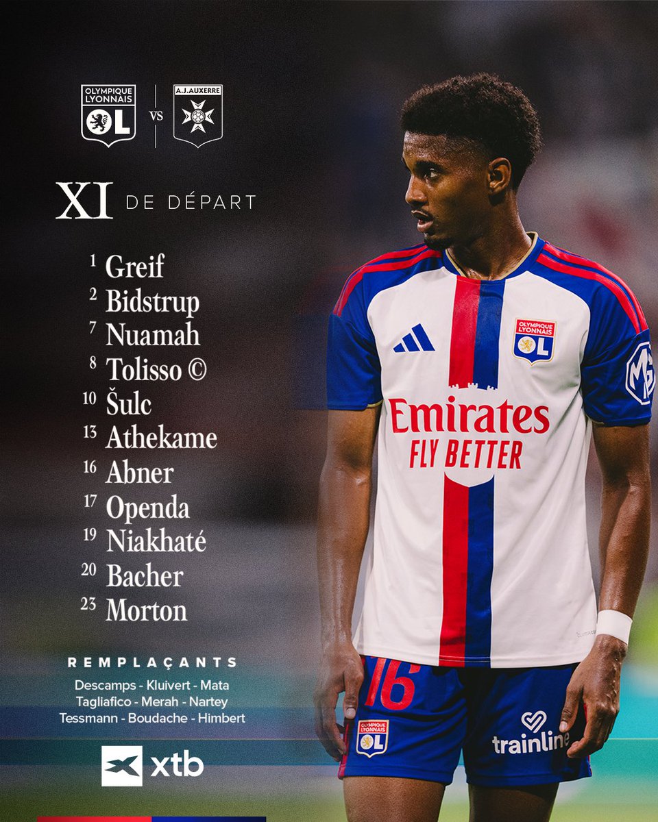 OL's tweet photo. 🦁 Notre 𝗫𝗜 𝗱𝗲 𝗱𝗲́𝗽𝗮𝗿𝘁 pour affronter l'AJ Auxerre lors de cette 3e journée de @Ligue1 👊🔴🔵

#OLAJA https://t.co/46stW65wxF