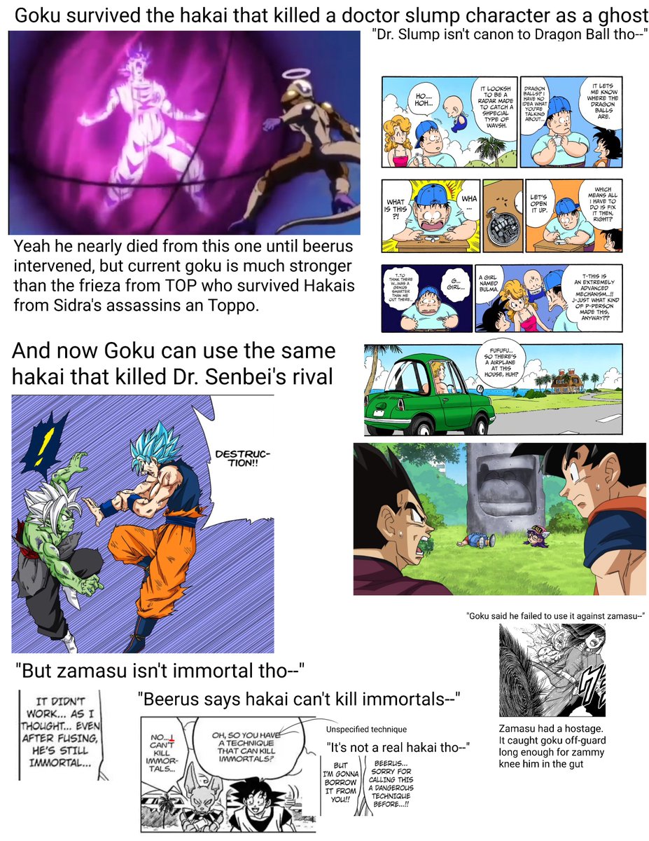 MvsCAnimated's tweet photo. @excelz0 The hakai is not JUST existence erasure dumbass

It killed dr. Slump characters who survived their entire verse and concepts being erased including their narrative and plots being erased. A hakai killed them goku survivdd one. (2/2) https://t.co/4bXgmPgeA9