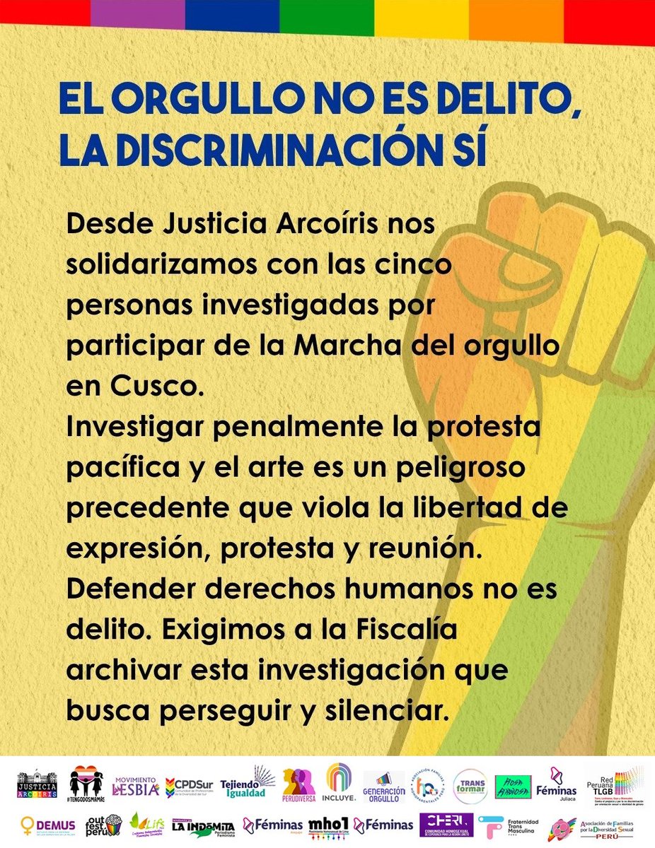 generaorgullo's tweet photo. ALERTA EN CUSCO 🚨

Cinco personas son investigadas penalmente por participar en la Marcha del Orgullo.

Esto es un peligroso precedente que viola la libertad de expresión y busca silenciar al movimiento LGTBIQ+.

Desde Justicia Arcoíris exigimos a la @FiscaliaPeru archivar esto. https://t.co/cMBqBNftwU