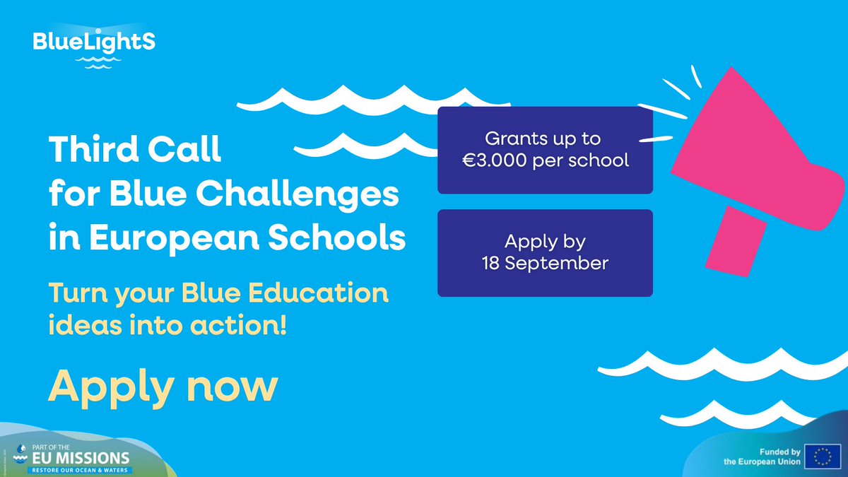 scientix_eu's tweet photo. 📣 The 3rd Call for Blue Challenges is now open!

Schools across Europe can apply for up to €3,000 to develop projects on ocean &amp; water literacy 🌍

📅 Deadline: 18 Sept 2026
🔗 Grants for Schools https://t.co/RYOXZLJsde

#BlueEducation https://t.co/LTfPu0zxh8