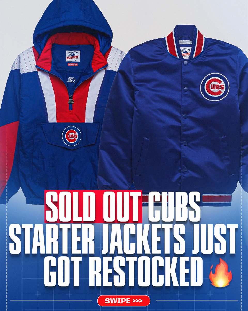 CubsZone's tweet photo. 🚨 RESTOCK ALERT 🚨

The Cubs x Starter jackets that sold out in hours are BACK. Pullovers and heavyweight satins have been restocked and are moving fast.

Grab your vintage Starter x Cubs jacket, link below or in bio 🔥 https://t.co/IsYQDBA7fX