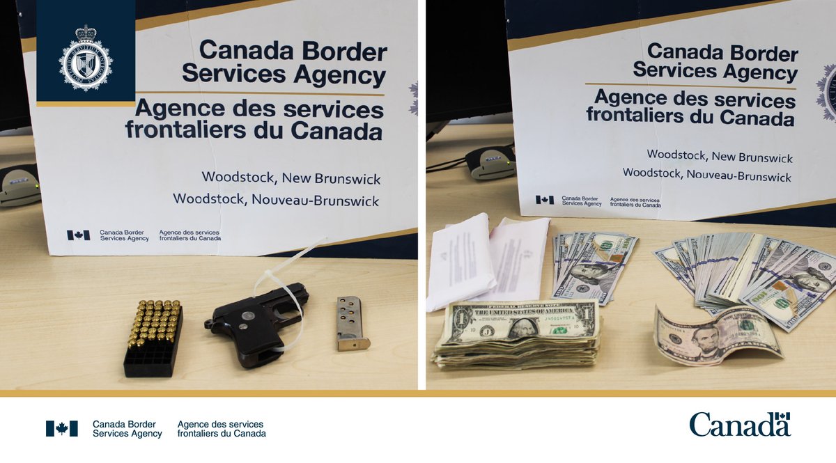 CanBorder's tweet photo. #CBSA officers in Woodstock, #NB seized an undeclared prohibited firearm &amp; undeclared currency totaling over $23K CAD from a U.S. citizen seeking entry into Canada. The traveller paid a $5,800 penalty &amp; was returned to the U.S. https://t.co/PEd7efLJeQ