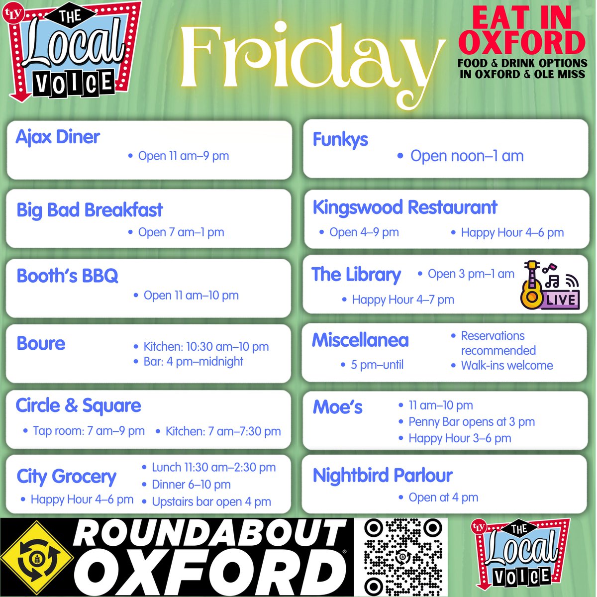 TheLocalVoice's tweet photo. EAT IN OXFORD: Friday, September 4, 2026 Food and Drink Options + ROUNDABOUT OXFORD®: Entertainment in Oxford &amp; Ole Miss

https://t.co/hh65G1gun0 https://t.co/8sSjEVg5Vy