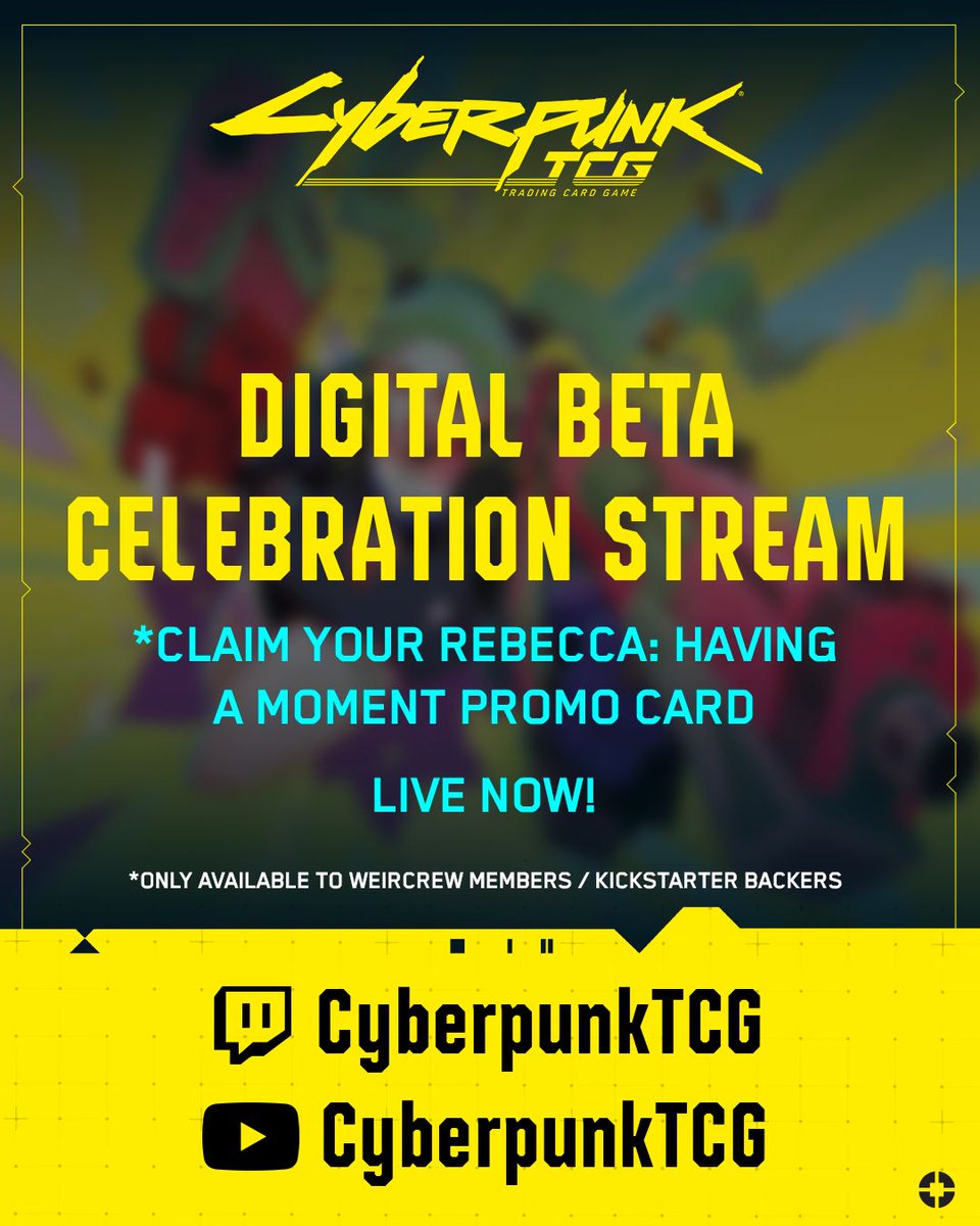 Cyberpunk_TCG's tweet photo. Our Digital Beta Celebration stream is now live! Join us on Twitch and YouTube for pack openings, gameplay, giveaways, and more!
Plus, Kickstarter campaign backers can grab themselves a promo copy of Rebecca: Having a Moment! 👇🔗 https://t.co/equC6IrzQp