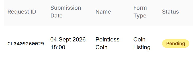 PointlessRH's tweet photo. Applied listing on @coingecko with Request IDCL0409260029 https://t.co/F36od4c2rS