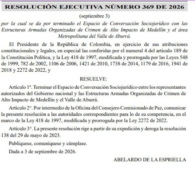 Teleantioquia's tweet photo. El Gobierno de Abelardo de la Espriella terminó oficialmente la mesa de diálogo con los combos de Medellín y el Valle de Aburrá. El proceso funcionaba desde 2023 y tenía 17 representantes, quienes ya habían sido trasladados de la cárcel de Itagüí. https://t.co/Hnwt7G61f9