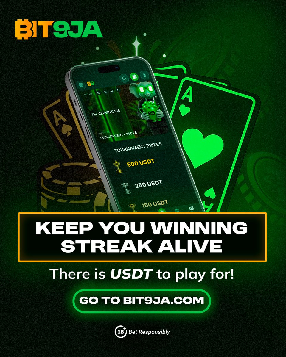 bit9jahq's tweet photo. Log in, play, win USDT, come back tomorrow. 🔥
Simple streak, real rewards the longer it runs.
#Bit9ja #TheCrownRace
18+. Play Responsibly. Licensed in Nigeria. https://t.co/sXbotgfKyc