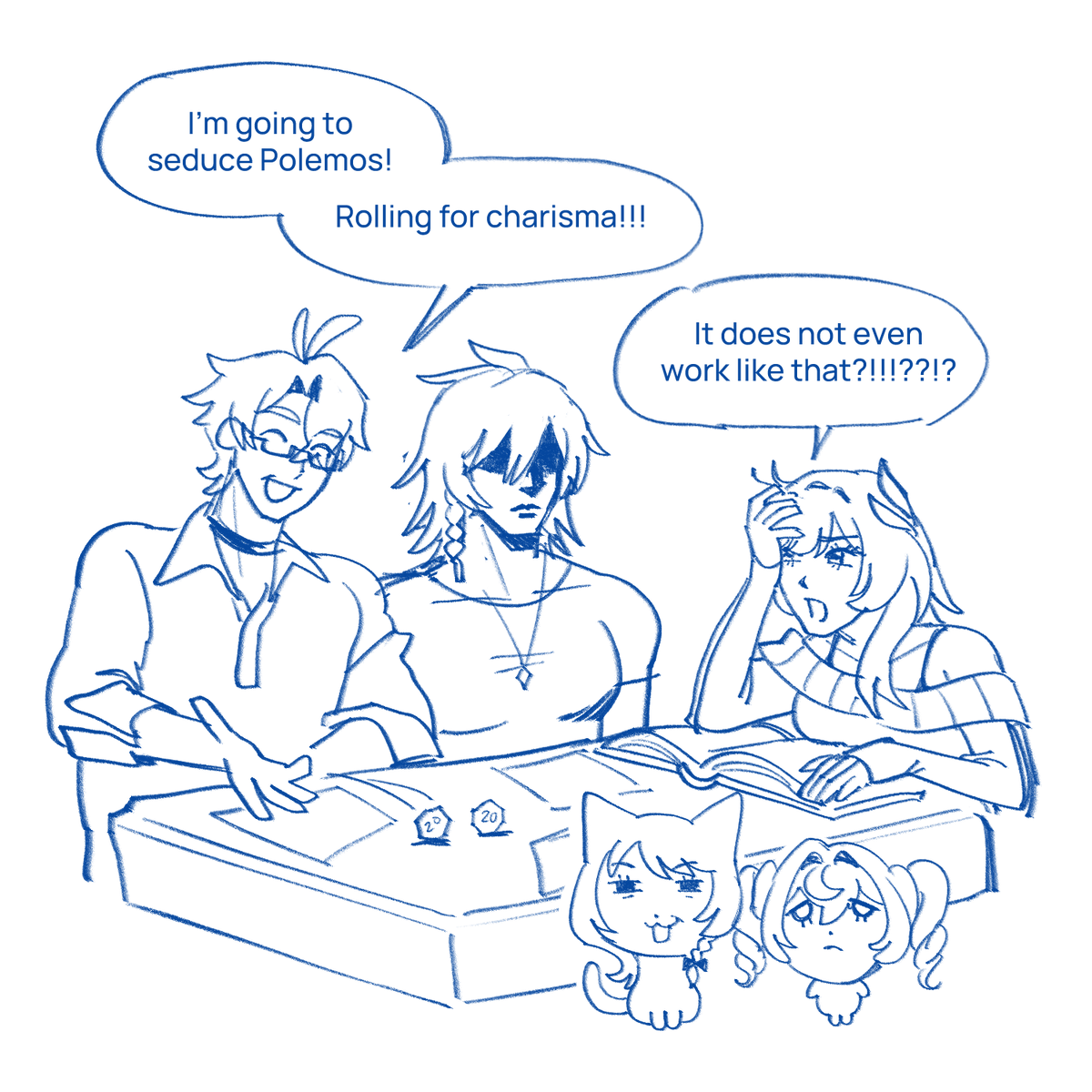 Chaoticblues_K's tweet photo. DnD Phaidei with aasimar paladin ☀️ and tiefling barbarian 🍷 (ft. dungeon master Cyrene) 

Day 1: Fantasy
#phaidei #phaideiweek2026 https://t.co/mRcafSyTxF