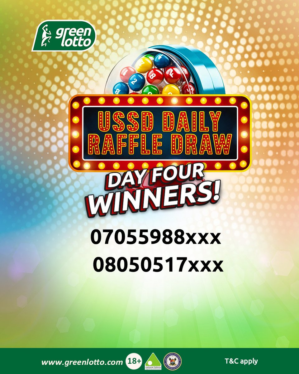 GreenlottoNg's tweet photo. 🎉 Congratulations to our 3 lucky winners! 🥳

Each winner will receive ₦500 airtime! 🎁

Today is the FINAL DAY of the Green Lotto Daily Raffle Draw! 🔥

Thank you to everyone who participated throughout the draw. 💚

📱 Available on Glo & MTN

#GreenLotto #RaffleDraw #FinalDay #GreenLottoNG #USSDRaffle