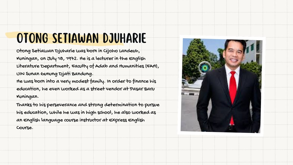 Seyhyeon's tweet photo. Hello everyone! Im Sayhira Khoirun Nisa Gultom, and I'm an English Literature student. My student ID number is 1255030033.

I would like to introduce the biography of Mr. Otong Setiawan Djuharie, a lecturer in the English Literature Department at UIN Sunan Gunung Djati Bandung https://t.co/udqgZlosrU