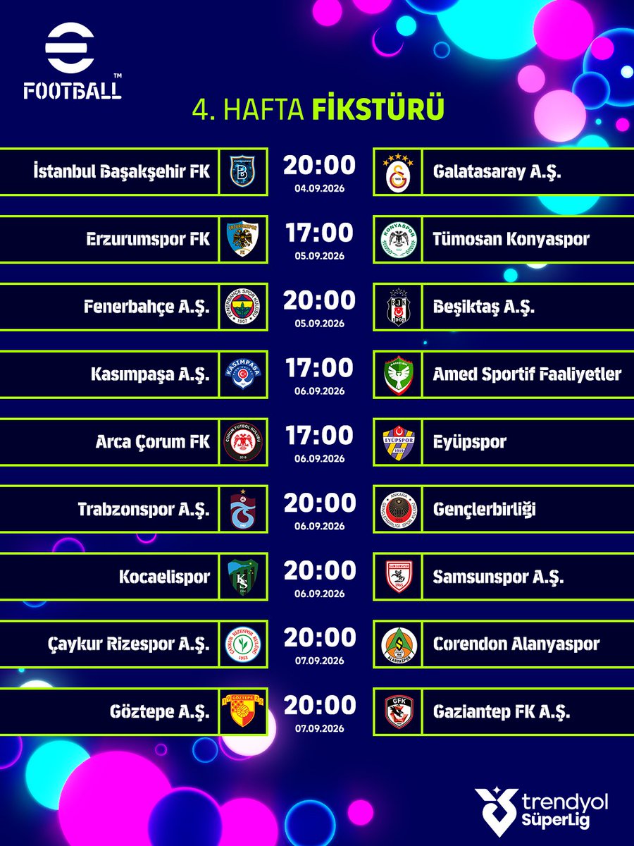oyna_eFootball's tweet photo. Trendyol Süper Lig heyecanı, derbilerle dolu dev bir Eylül fikstürüyle devam ediyor! ⚡

Futbol tutkusunun alevlendiği bu ayda, unutulmaz rekabetler ve yenilenen kadrolar sahada karşı karşıya geliyor!⚽

Bu kritik mücadeleler için bir skor tahminin var mı? Yorumlara bekliyoruz! 👇

#eFootball #TrendyolSüperLig