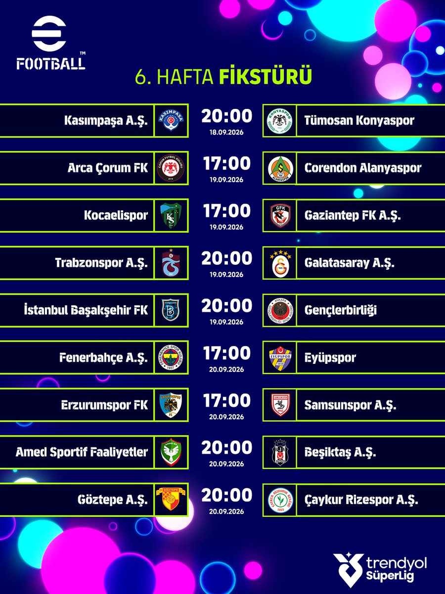 oyna_eFootball's tweet photo. Trendyol Süper Lig heyecanı, derbilerle dolu dev bir Eylül fikstürüyle devam ediyor! ⚡

Futbol tutkusunun alevlendiği bu ayda, unutulmaz rekabetler ve yenilenen kadrolar sahada karşı karşıya geliyor!⚽

Bu kritik mücadeleler için bir skor tahminin var mı? Yorumlara bekliyoruz! 👇

#eFootball #TrendyolSüperLig