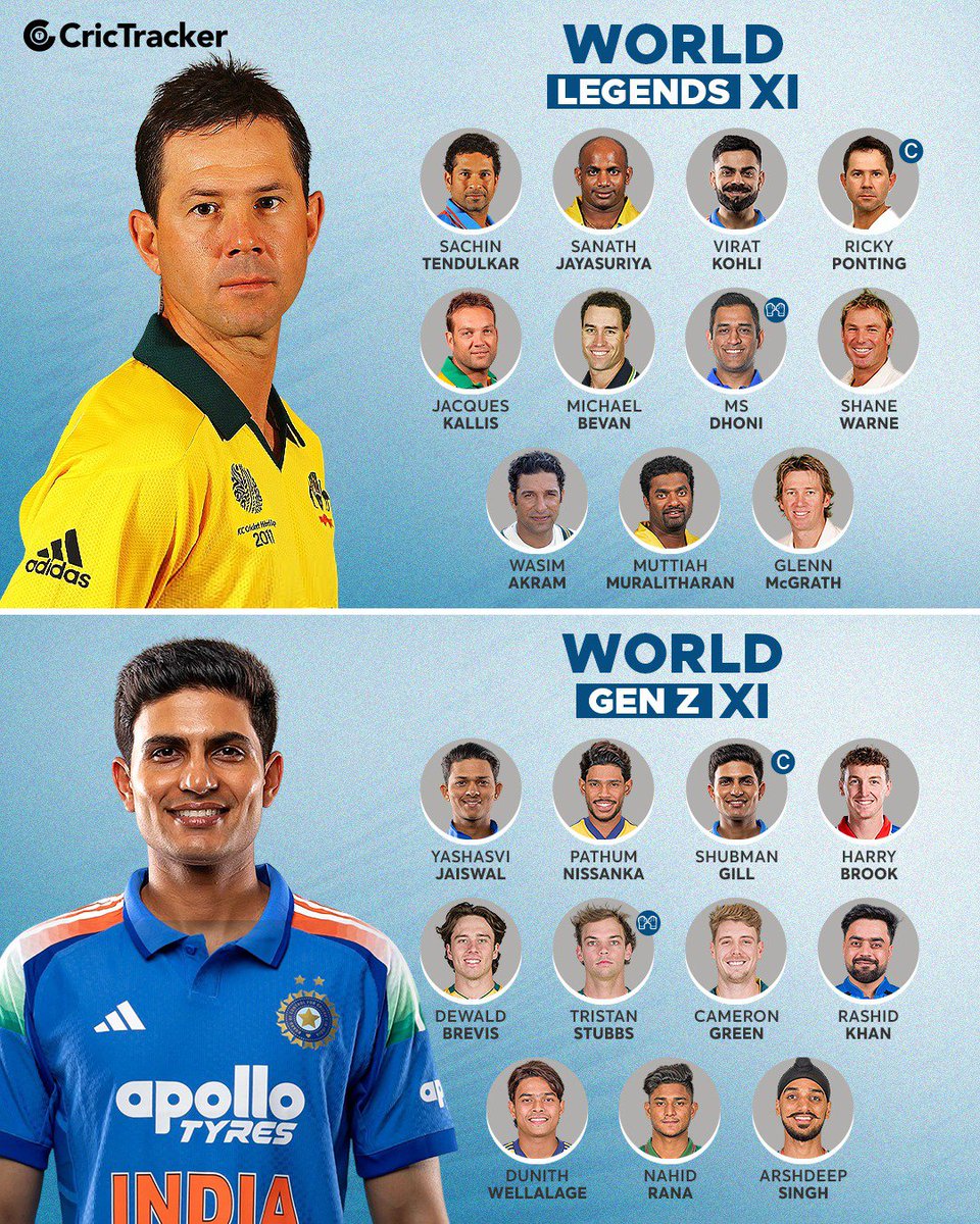 Cricketracker's tweet photo. An ODI game between the Legends in their prime and today’s Gen Z stars… who are you backing? 👀 https://t.co/ydqfkIefqD
