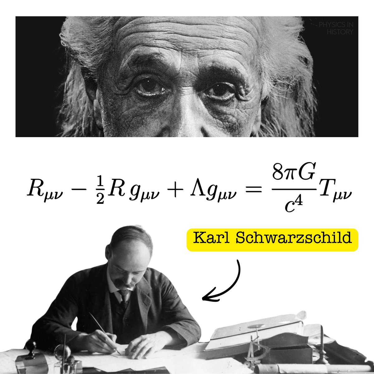 PhysInHistory's tweet photo. Ten coupled nonlinear partial differential equations, published in November 1915. Karl Schwarzschild, serving with the German army in Russia, found an exact solution and mailed it to Einstein in a letter dated 22 December, a month later. 
Einstein presented it to the Prussian Academy in January, writing that he had not expected an exact solution could be formulated so simply. Schwarzschild died that May of pemphigus, an autoimmune disease that developed while he was at the front. 

His solution contains the event horizon, an object nobody would take physically seriously for another forty years, and which Einstein was still arguing against in 1939.