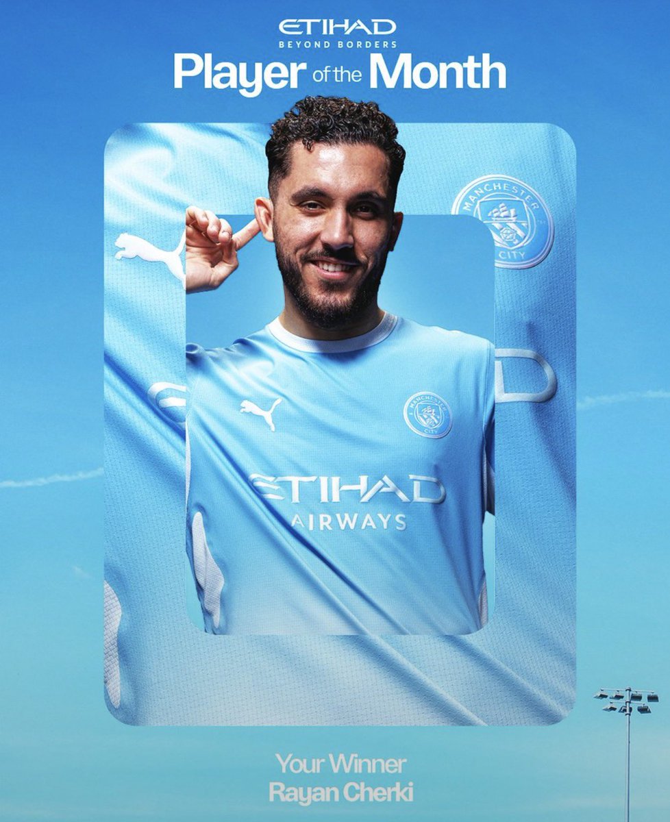 FRBlueMoon's tweet photo. 🚨🆕 OFFICIEL : 

Rayan Cherki est élu JOUEUR DU MOIS D’AOÛT à #ManCity !🩵 https://t.co/D6KIEEoEKW