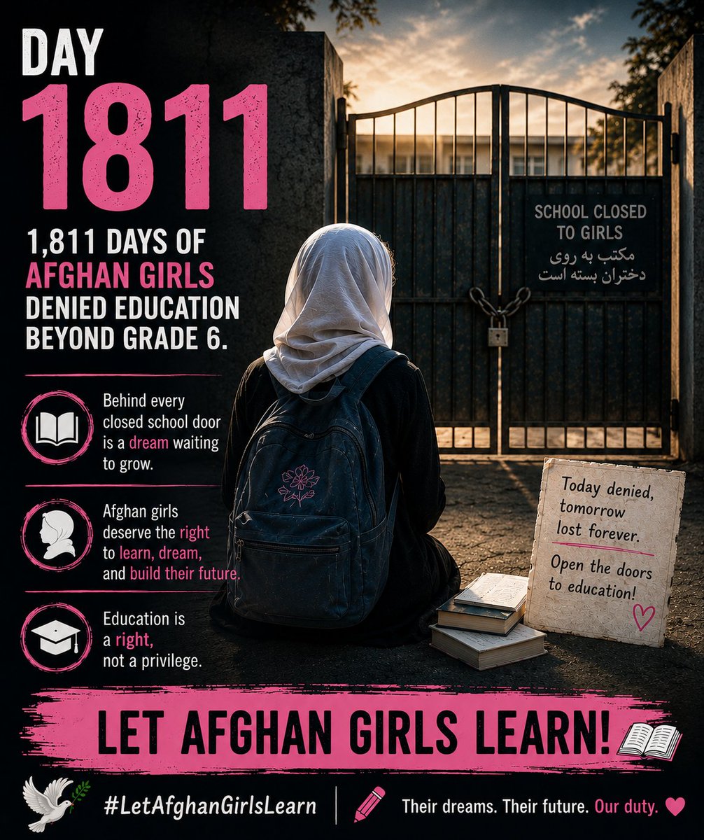 AfghanistanRW's tweet photo. Day 1811:
 I’m an Afghan girl waiting to return to my classroom. My books are ready, my dreams are alive. Let Afghan Girls Learn! 📚🇦🇫

#LetAfghanGirlsLearn #Day1811 https://t.co/Zwj2BDvvok