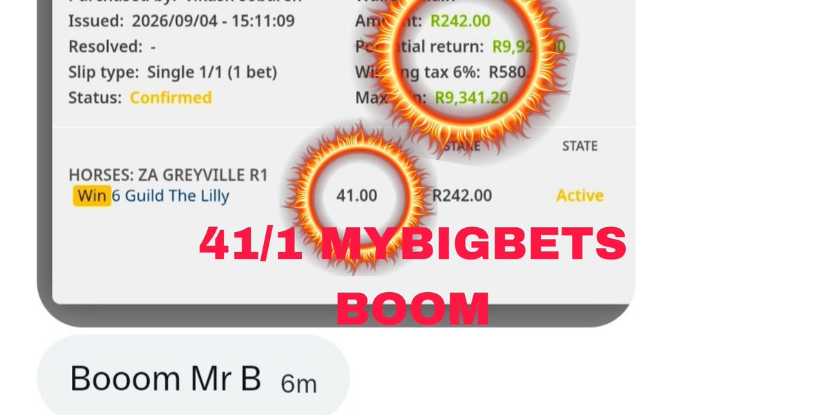 MyBigBets1's tweet photo. 🚨BOOM NATION💥💥💥🏇🏿🏇🏿🏇🏿
🚨SEPTEMBER IS HERE💥💥🏇🏿🏇🏿

🥇RACE 1💥GUILD THE LILLY 33/1 BOOM💥🏇🏿🚨

🤷🏽‍♂️Race 2💥 "IF GO JOHNNY GO"  jumps on terms and wins by half a racecourse. VERY STIFF 🔥✅️

🥇Race 3💥NEXT OF KIN  9/1 BOOM💥🏇🏿🚨

MYBIGBETS💰 BOOM MONTH  SEPTEMBER
🎙🏇🏿Told you September and October are BOOM months.....💲💲

®️ LET THE BOOMS FIND YOU ®️ MYBIGBETS 🏇🏿🎙🥇

#BoomNation #MyBigBets #HorseRacing #SeptemberBoom 
#MYBIGBETS #DURBAN #HORSERACINGTIPS #Tipsters #Betway #Cape #winds #money 
@mhlayisto