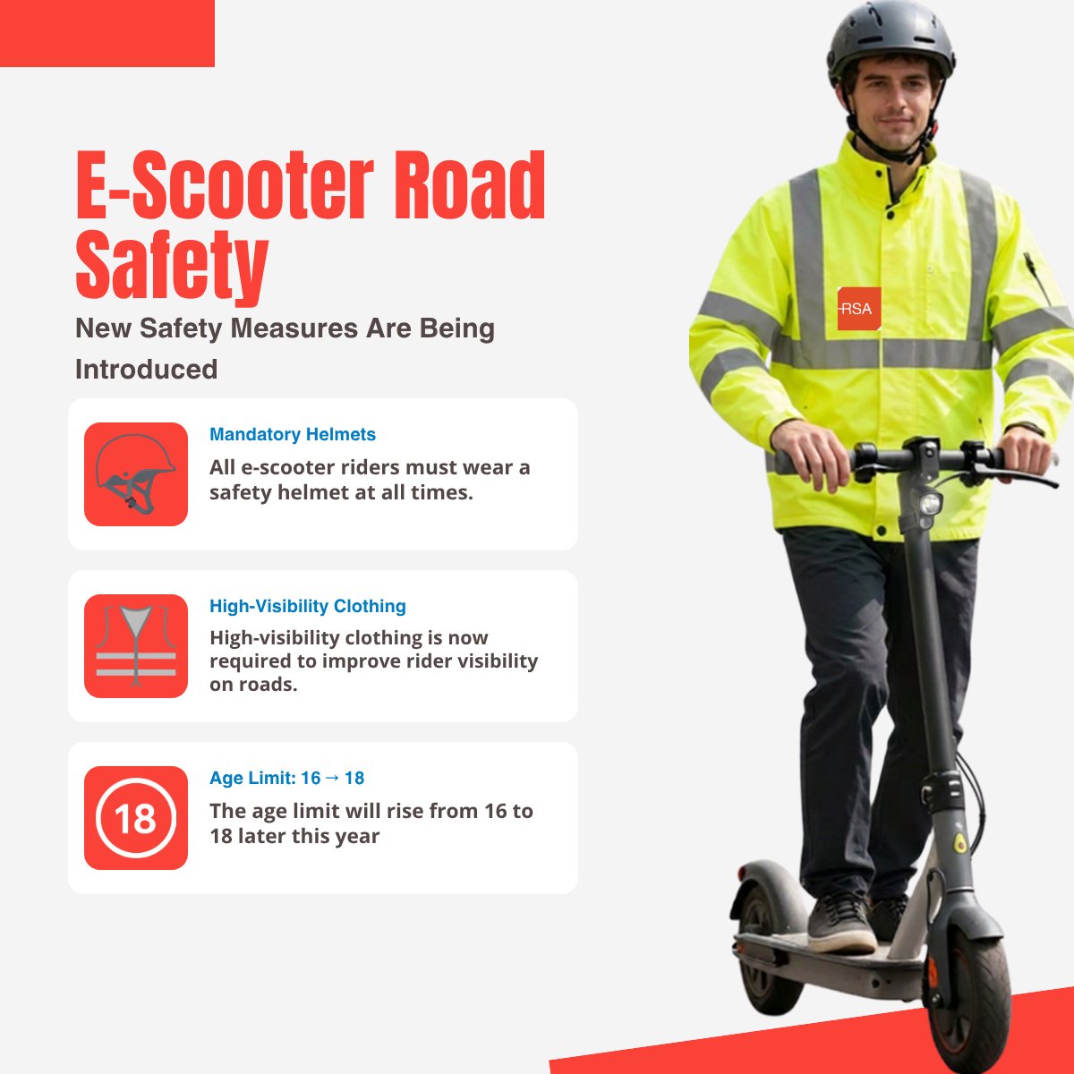 RSAIreland's tweet photo. 🛴 As of today, 4 September 2026, helmets and high-visibility clothing are mandatory for e-scooter users.

These new road safety requirements are designed to help reduce the number of serious injuries and fatalities associated with e-scooter use. https://t.co/iDx7X50GjS