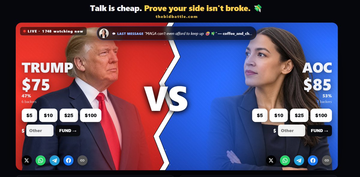 Popititou's tweet photo. @DarinArmstrong came across a live Trump vs AOC money battle, real cash, real-time board. thought you'd appreciate the concept → https://t.co/qsxS8HTxfb https://t.co/4vsBWDJKwR