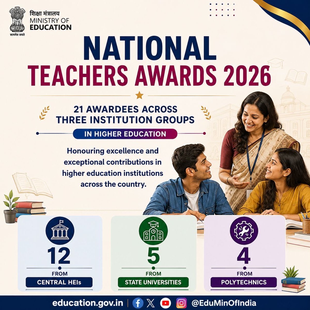 airnewsalerts's tweet photo. President #DroupadiMurmu will confer the 𝐍𝐚𝐭𝐢𝐨𝐧𝐚𝐥 𝐓𝐞𝐚𝐜𝐡𝐞𝐫𝐬’ 𝐀𝐰𝐚𝐫𝐝𝐬 on 48 school teachers in New Delhi tomorrow on the occasion of Teachers’ Day.
The 48 selected school teachers are from 27 States, seven Union Territories and six organisations of the Central Government.
The President will also present National Awards to 21 teachers and faculty members from Higher Education Institutions and polytechnics.
#NationalAwardToTeachers #TeachersDay
@rashtrapatibhvn