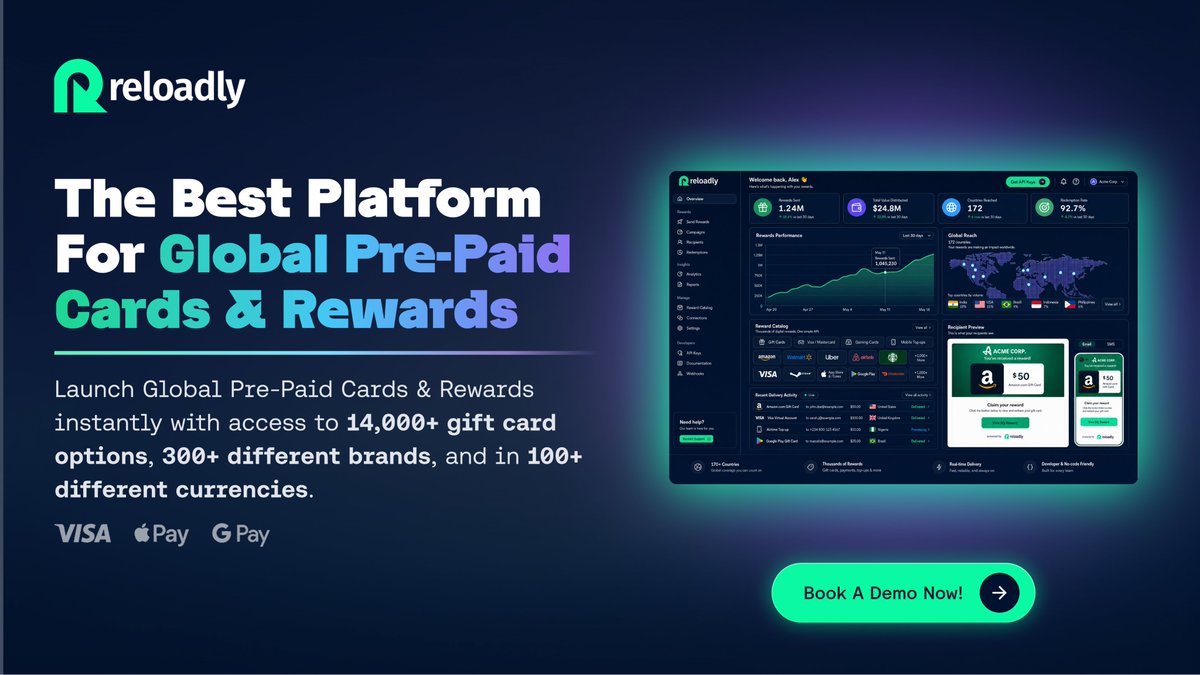 Reloadly's tweet photo. One platform. 14,000+ gift card options. 300+ brands. 100+ currencies. 🌎🎁

Launch global prepaid cards and rewards without the complexity.

Built for businesses that need rewards to move fast, globally, and reliably.

Ready to simplify reward delivery? 🚀

#Fintech #Rewards https://t.co/tKiYaYxufn