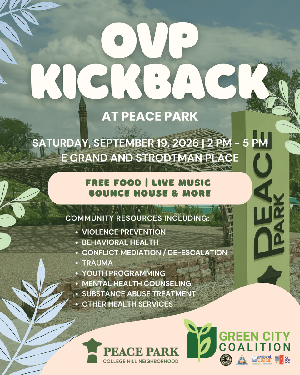 DevelopStLouis's tweet photo. Peace Park’s community celebration is back on the calendar! 🎉🍂

SLDC and the Green City Coalition are partnering with the Office of Violence Prevention (OVP) for the September Kickback at Peace Park on Saturday, Sept. 19.

The event is open to everyone and will feature community resources from dozens of OVP partners, along with free ice cream, live music, grilling and other family-friendly activities.

Join us as we celebrate the continued momentum at Peace Park, where the first phase of revitalization is already serving as a neighborhood gathering place in College Hill.

📆 Saturday, Sept. 19 | 2 to 5 p.m.
📍 Peace Park | E. Grand and Strodtman Place