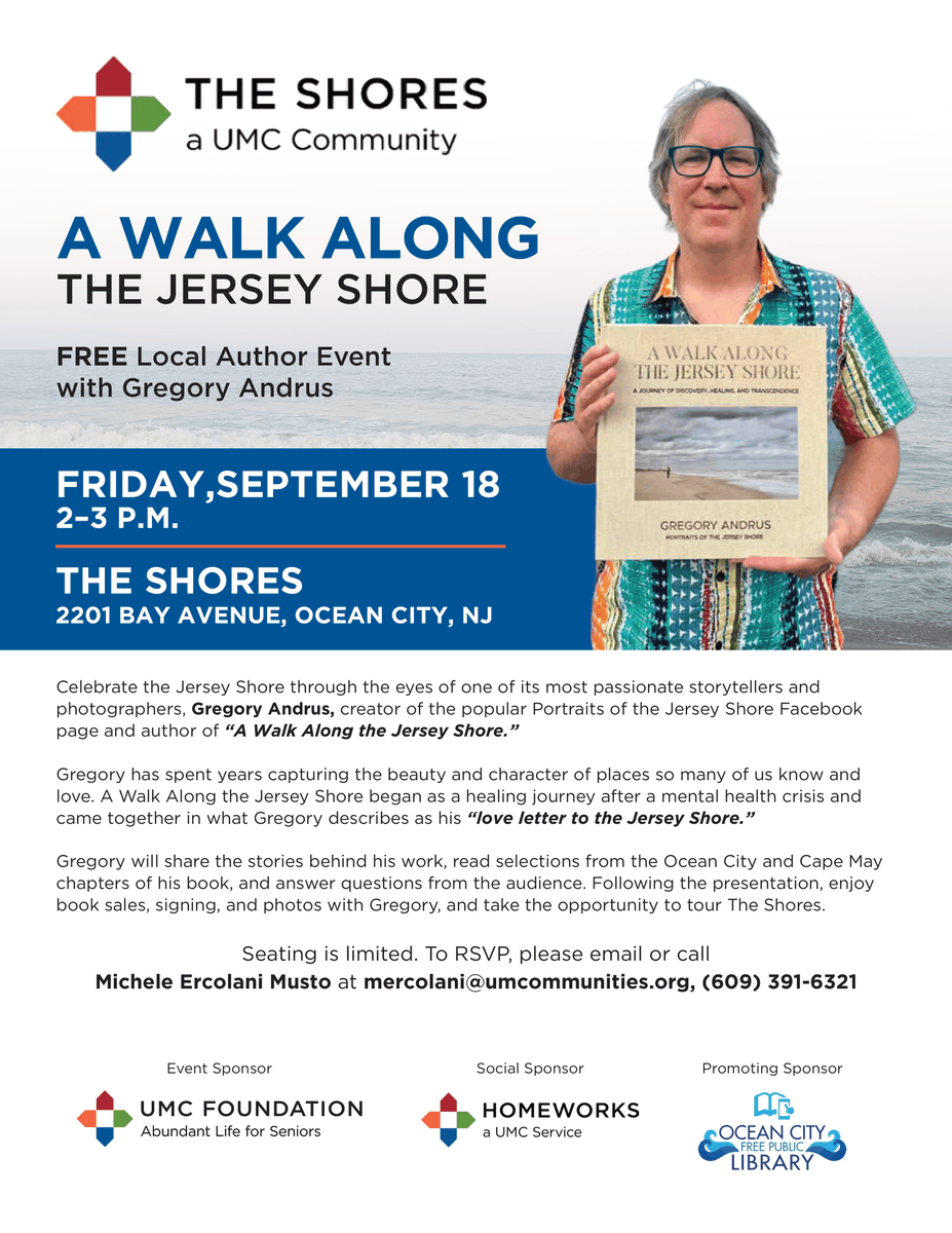 ocfpl's tweet photo. A Walk Along the Jersey Shore with Gregory Andrus ๐
๐
Fri, Sept 18th from 2 โ 3 PM
๐ The Shores, 2201 Bay Ave, Ocean City
Free author talk, book sales and signing to follow. Seating is limited.
RSVP: mercolani@umcommunities.org or (609) 391-6321
#OCFPL #OceanCityNJ #OCNJ https://t.co/3qAGaUEooD