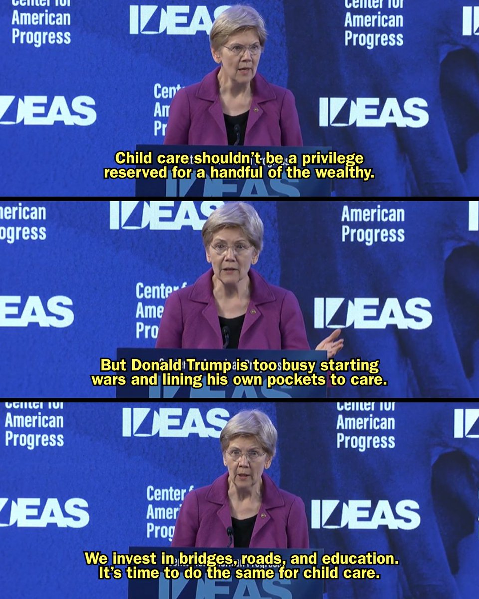 SenWarren's tweet photo. Universal child care would be life-changing for millions of people across this country.

But Donald Trump is too busy starting wars and lining his own pockets to care. https://t.co/Lvkwyhh5km