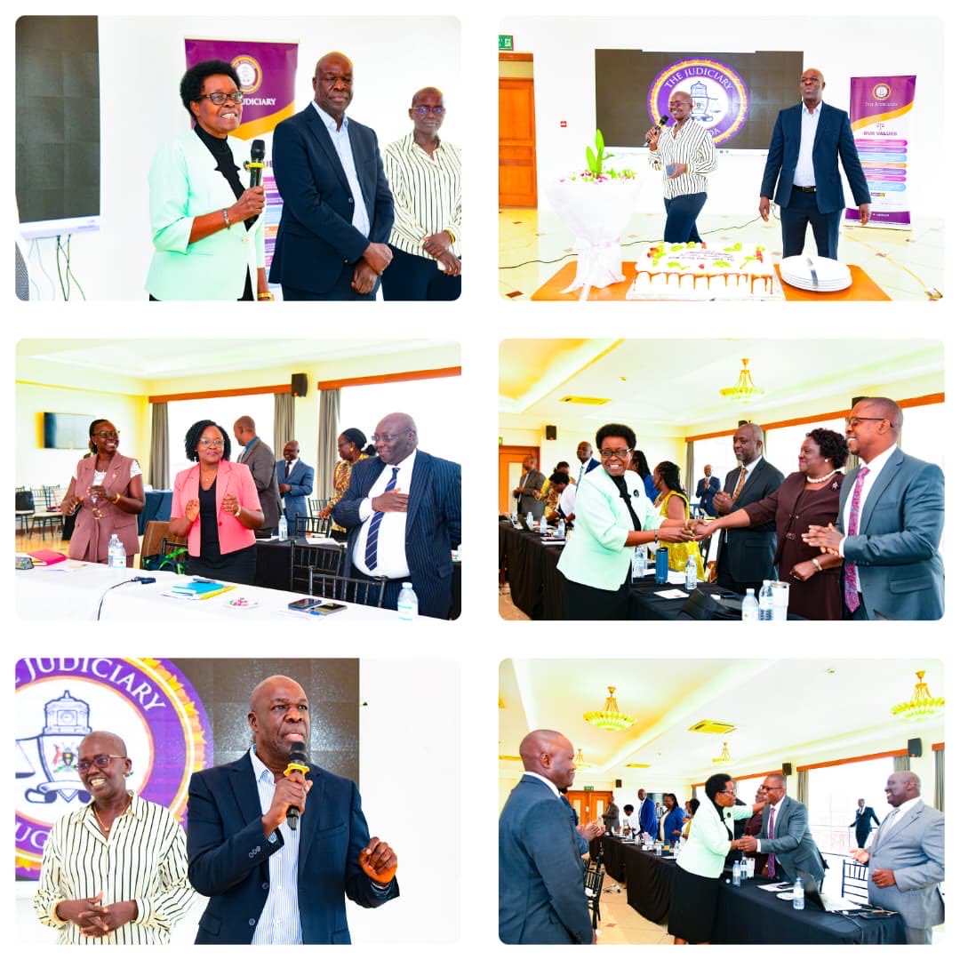 JudiciaryUG's tweet photo. Judges of the High Court this morning celebrated Lady Justice Damalie N. Lwanga ahead of her retirement from judicial service, paying tribute to a career distinguished by service, mentorship and professional excellence.

The surprise celebration took place on Day III of the High Court Quarterly Performance Review Retreat at Kampala Nile Resort, Namanve, marking Lady Justice Lwanga’s final quarterly retreat before retirement.

Led by the Deputy Chief Justice, Justice Moses Kazibwe Kawumi, and the Principal Judge, Lady Justice Jane Frances Abodo, the Judges presented Lady Justice Lwanga with a bouquet of flowers and a cake in appreciation of her contribution to the Judiciary.

Reflecting on their longstanding friendship, Justice Kazibwe recalled their early years in service and described Lady Justice Lwanga as a valued colleague and friend whose contribution would continue to be remembered. “Though you are going, you are not going from our hearts,” he said.

The Principal Judge described Lady Justice Lwanga as a “tough and brilliant Judge” whose work has been characterised by seriousness, discipline and remarkable intellect.

Lady Justice Abodo said that beyond her professional excellence, Lady Justice Lwanga would be remembered for her warmth, humour, generosity and mentorship. She thanked her for always being available to guide colleagues and wished her a fulfilling and joyful retirement.

Visibly moved by the surprise, Lady Justice Lwanga thanked the Deputy Chief Justice, Principal Judge, fellow Judges, Registrars and staff for the gesture and for being part of her journey. “I did not expect this. I am overwhelmed. I want to thank you all, my colleagues, the Registrars and all the other people I have worked with, who have been part of my family,” she said.

Reflecting on her years in public service, Lady Justice Lwanga said she treasured the professional experiences and relationships she had built across the justice system.

She particularly reflected on her time at the Land Division of the High Court, which she described as both her first and final deployment as a Judge, and expressed appreciation for the support she received there.

She also recalled her years at the Office of the Director of Public Prosecutions (ODPP) and expressed satisfaction that several colleagues she had worked with there subsequently joined the Judiciary.

Speaking on behalf of the former State Attorneys mentored by Lady Justice Lwanga during her service at the ODPP, Justice Tadeo Asiimwe thanked her for teaching and mentoring them in prosecution, saying her guidance had played an important role in shaping their professional careers.

Lady Justice Lwanga thanked her colleagues for their love and support and asked them to continue remembering her in their prayers as she prepares to begin the next chapter of her life.

The celebration concluded with the cutting of cake