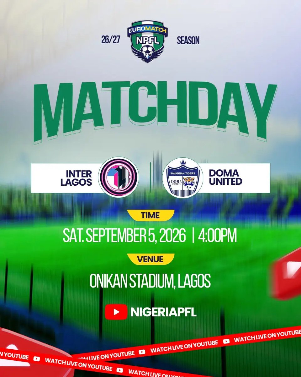 SalamiK40034548's tweet photo. Can’t make it to the stadium? You can still catch @InterLagosFC vs @domaunitedfc live on YouTube.

📺 Watch: "NigeriaPFL YouTube" (https://t.co/AhRq1wWr0I)

#NPFL #Matchday2 #InterLagos https://t.co/FZDI8SObXG