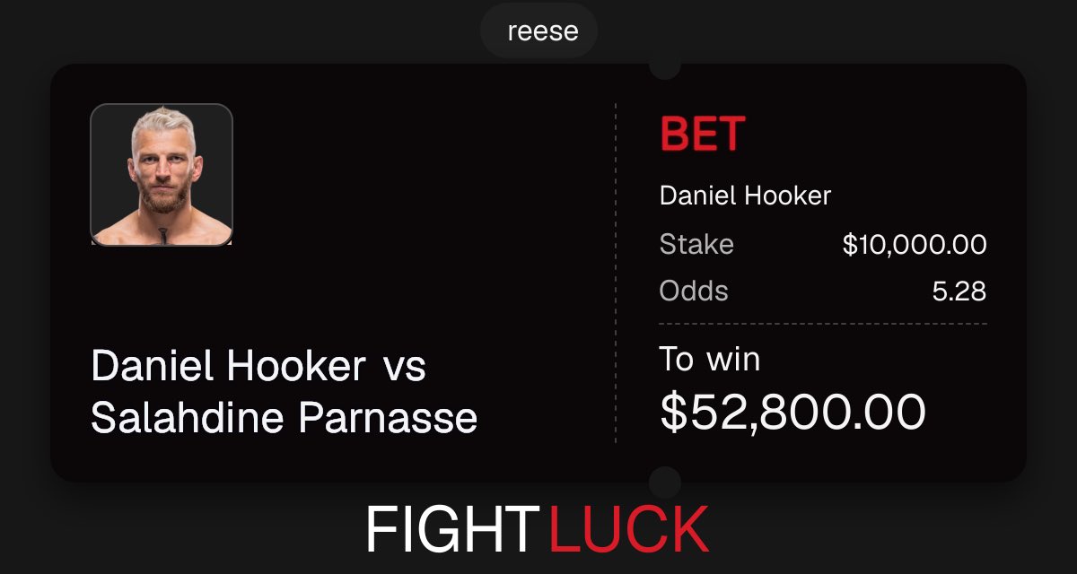 josephresse's tweet photo. 🚨Just placed 10k on Dan Hooker pretty much the biggest bet on #MMATwitter 

52k if this one hits.. you can verify all my trades on chain 

-I’m blessing everyone

🤑Rules - 

-Follow @trjosephreese  & @FightluckBet 🔹
-Comment Your FightLuck Username 
-Like & RT 
-If you have a Bet placed on Hooker or salahdine you get tipped more 😎

#UFCParis