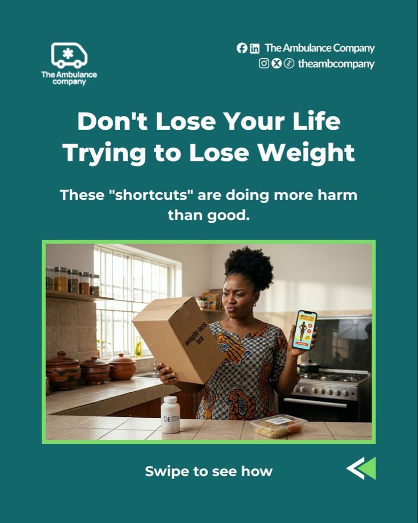 Theambcompany's tweet photo. Losing weight shouldn’t cost you your life. 

Real weight loss takes time. Balanced meals, consistent exercise, proper rest and medical guidance will always beat a dangerous shortcut.

Tag someone who needs to see this.

For ambulance services,
📞 0915-555-6030, 0915-555-6040. https://t.co/X85R1wl2uM