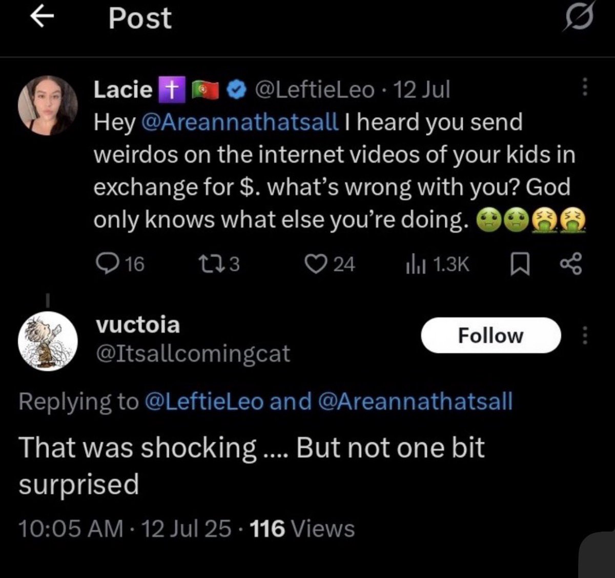 robinstent1's tweet photo. @Iconic_Crab @ThatsAllAreanna @lesbolorax Uh @ThatsAllAreanna u literally sent pics of your kids to a pedophile in exchange for money and gifts. You called it a "mistake". I would sit this one out https://t.co/MDa1WCSDwG