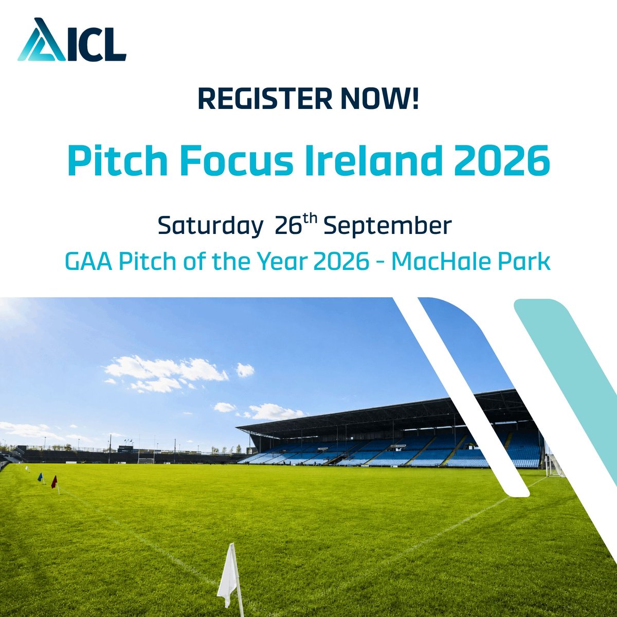 ICL_Turf's tweet photo. Pitch Focus Ireland will take place on 26th September 2026 at MacHale Park, the 2026 GAA National Pitch of the Year.

Pitch Focus includes sessions covering nutrition programmes, grass seed selection, moisture management, aeration, overseeding and topdressing, alongside opportunities to discuss common challenges with industry specialists.

The day will also feature outdoor demonstrations and a showcase of maintenance equipment from Killeen Sports Grounds.

Register here: https://t.co/uNydrHYGBl

#TurfandLandscape