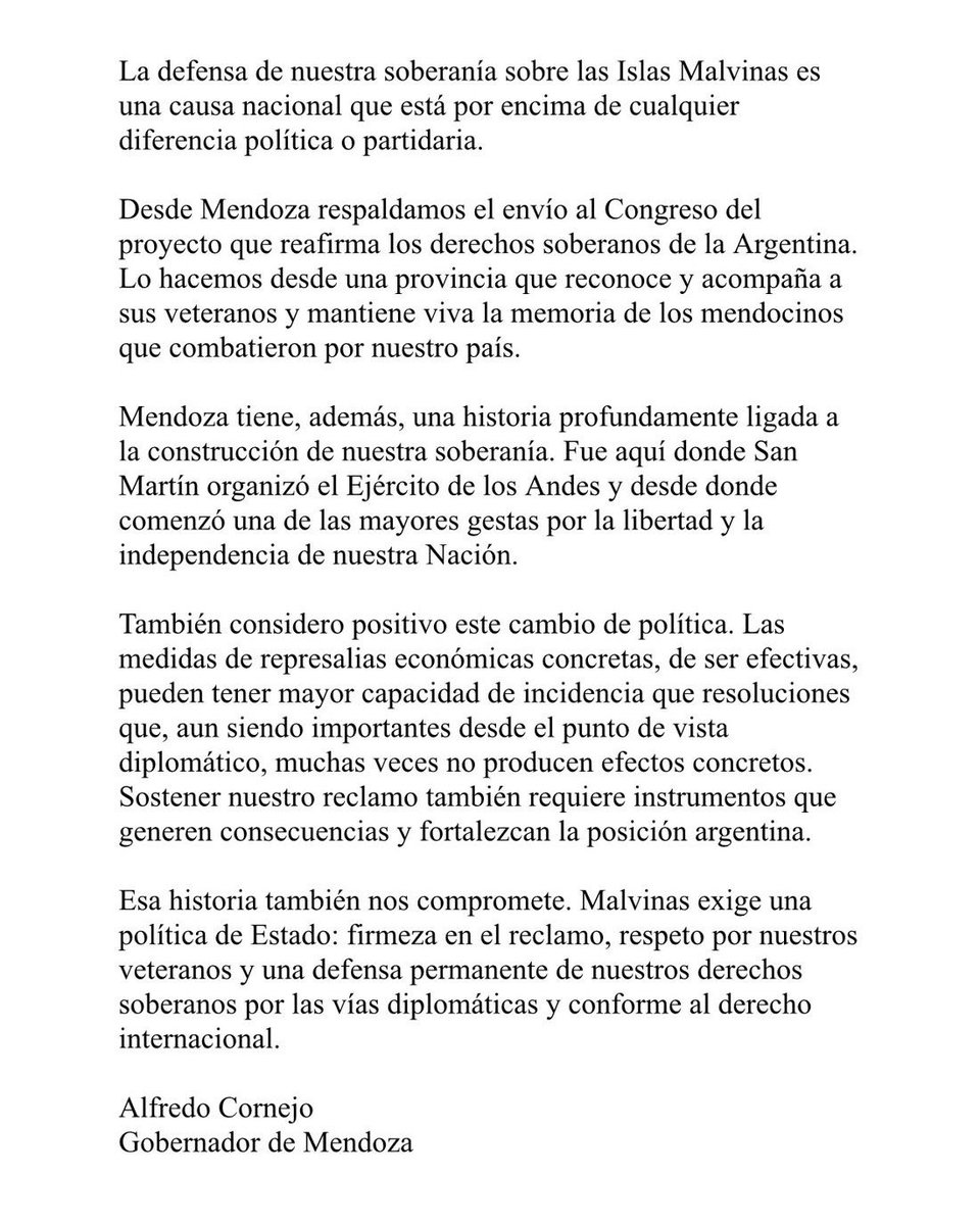 alfredocornejo's tweet photo. La defensa de nuestra soberanía sobre las Islas Malvinas es una causa nacional que está por encima de cualquier diferencia política o partidaria.

@JMilei https://t.co/nun4USQObJ