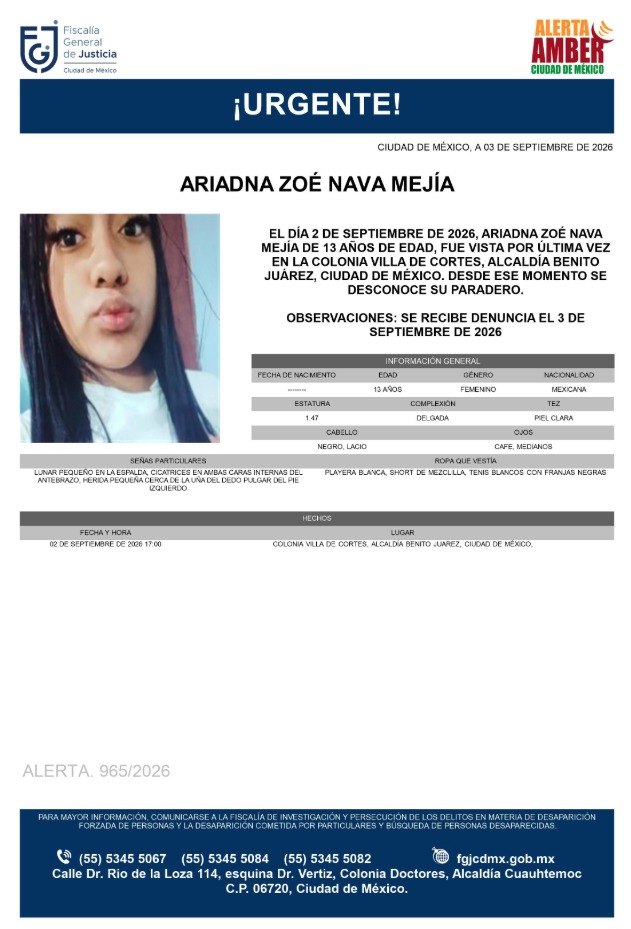 AAmberCDMX's tweet photo. Se activa #AlertaAmber para localizar a Ariadna Zoé Nava Mejía, de 13 años, vista por última vez el pasado 02 de septiembre, en la colonia Villa de Cortes, alcaldía Benito Juárez. https://t.co/ef9p0mW7LY