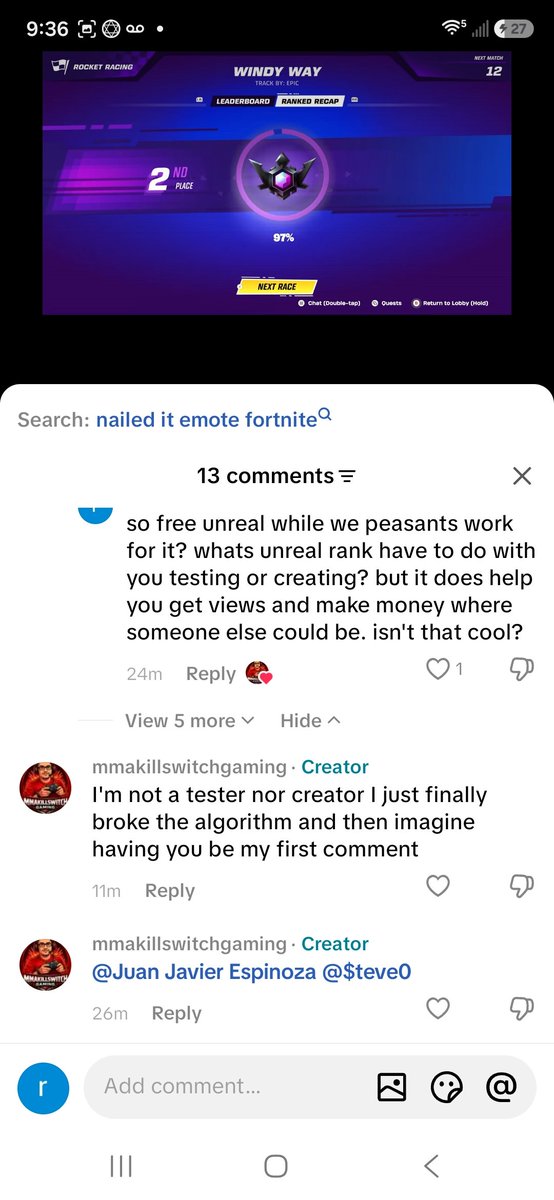 HALFBAKED4LIFE's tweet photo. Wanna explain the reason why I get 5% at elite ranking per first place but you let streamers skip 3 ranks without getting a first place? He claimed you let him use the tester lobby and thats why?  proof you rig the system vs the average player in favor of sttreamers.
@Fortnite https://t.co/ia2v3Y1K26