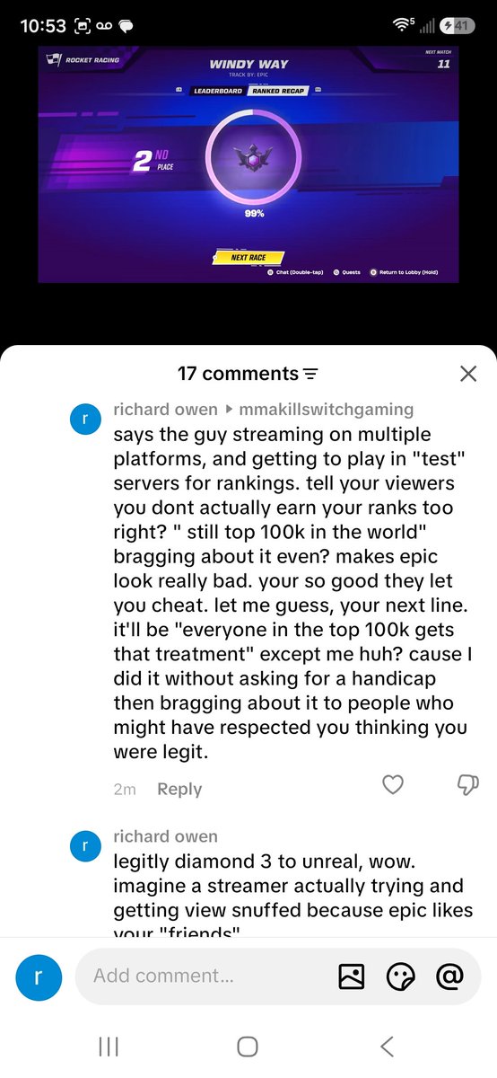 HALFBAKED4LIFE's tweet photo. Wanna explain the reason why I get 5% at elite ranking per first place but you let streamers skip 3 ranks without getting a first place? He claimed you let him use the tester lobby and thats why?  proof you rig the system vs the average player in favor of sttreamers.
@Fortnite https://t.co/ia2v3Y1K26