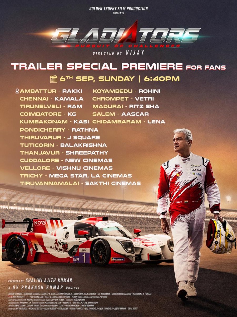 DoneChannel1's tweet photo. Gladiators Special Trailer Premiere on September 6
⏰ 6:40 PM
#AjithKumar #AK
Directed by #Vijay @goldentrophyllp 
Music by @gvprakash @SureshChandraa  @rajakrishnan_mr  @editoranthony  #SandeepKVijay @madhankarky  @DoneChannel1 @swathysekaran @AbdulNassarOffl 
#Gladiators #InPursuitOfChallenges #ComingSoon
