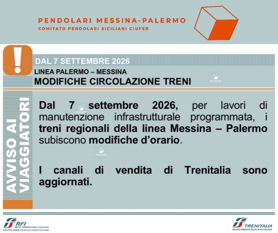 MessinaPalermo's tweet photo. ⚠️Dal 7 settembre 2026, per lavori di
manutenzione infrastrutturale programmata, i treni regionali della linea Messina – Palermo subiscono modifiche d’orario. https://t.co/UH2sJq3D8u