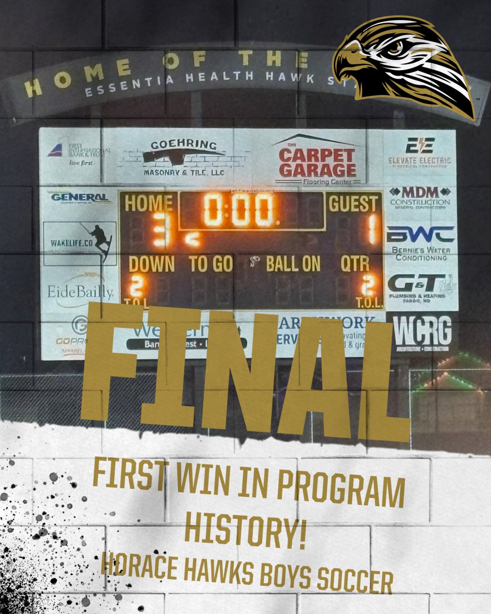 HoraceHSSoccer's tweet photo. 🦅 HISTORY MADE! First win in Horace Hawks Boys Soccer history! Congratulations to our players, coaches, parents, administrators, and supporters who helped build this program from the ground up. The first of many! #HoraceHawks https://t.co/N8CcuU2L0e