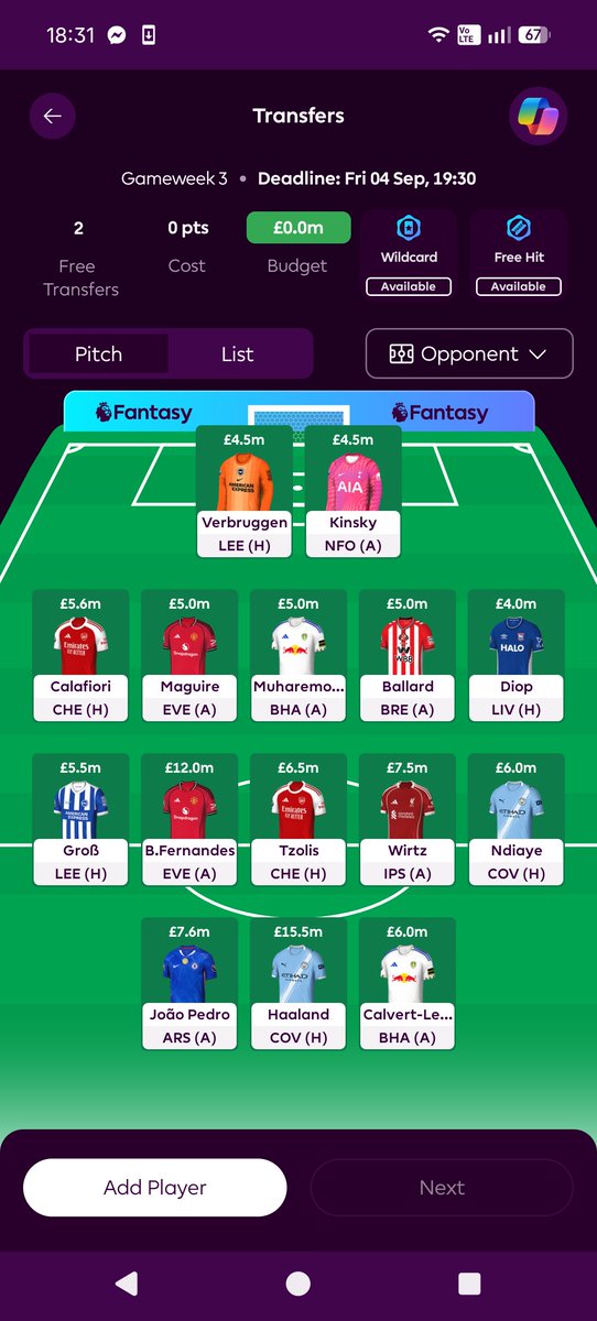 emsegerlnd's tweet photo. @fplcopilot Here is my team with a planned WC4 or WC6, what transfers would you make? https://t.co/4xzkBMdYma