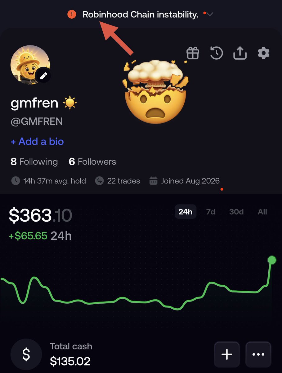 gmfrenmeme's tweet photo. That‘s not a good sign, frens. #Robinhood Chain outage. Feels like #Solana last year. https://t.co/C1nuxkEPXA