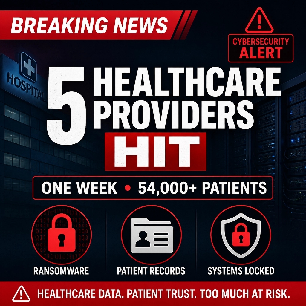 Techsico_IT's tweet photo. Healthcare owners: 5 providers hit by ransomware in one week: 54,000+ patients affected. Data leaked even when ransom was refused. Monitor the dark web, enforce MFA, and test offline backups. https://t.co/YfoPsPtcRo